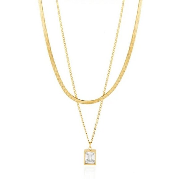 18K Gold Plated Crystal Glass Pendant Necklace For Women Double Snake Chain - Picture 6 of 7